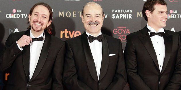 Pablo Iglesias, Antonio Resines y Albert Rivera en la Gala de los Goya 2016.