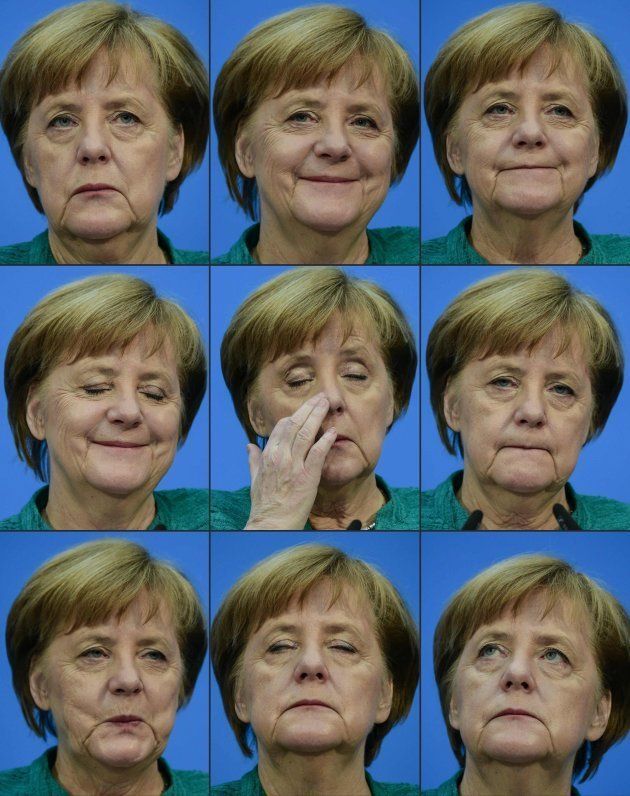 La cara de Merkel en distintos momentos durante la rueda de prensa que ha ofrecido este miércoles.