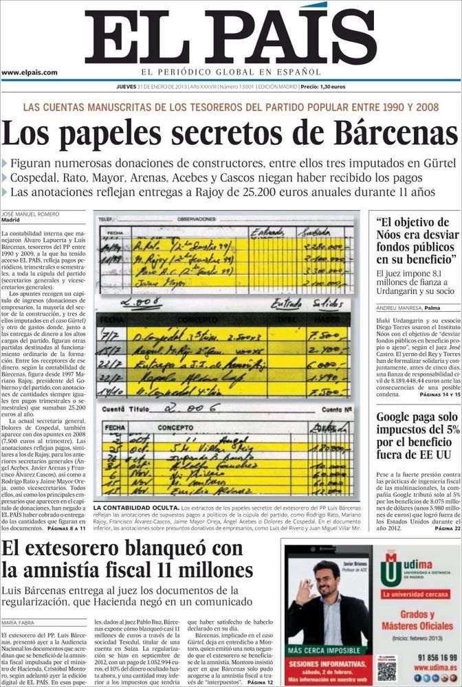 Portada de 'El País' del 31 de enero de 2013