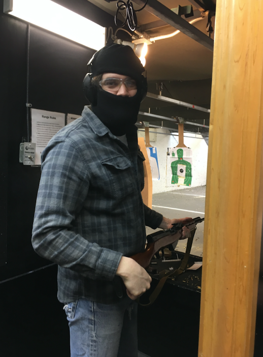 A masked member of the Socialist Rifle Association (SRA) at a Trigger Warning meet-up, Quickshot Shooting Range, Atlanta, in January 2019.