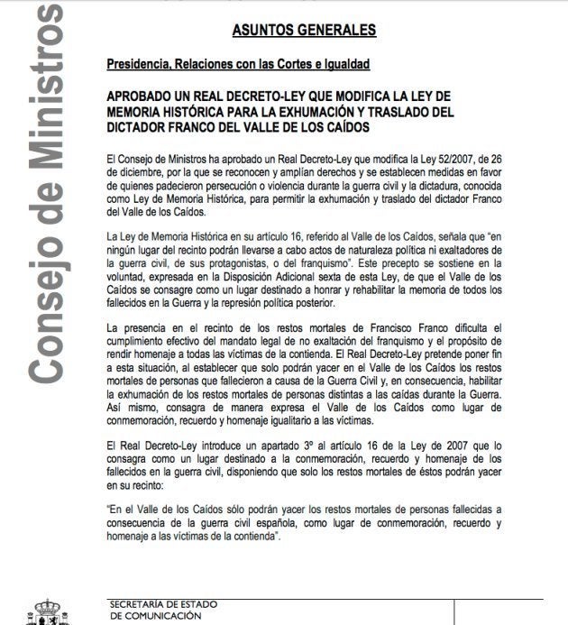 Referencia del Consejo de Ministros al decreto ley aprobado para iniciar la exhumación de Franco del Valle de los Caídos.