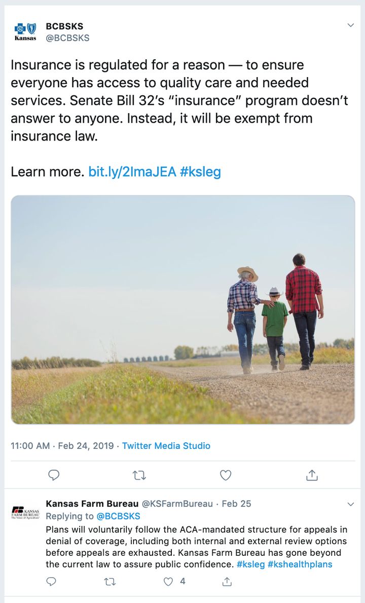 The Kansas Farm Bureau bill has drawn the ire of the state's largest insurer, Blue Cross Blue Shield of Kansas, which eventually took its case to twitter.