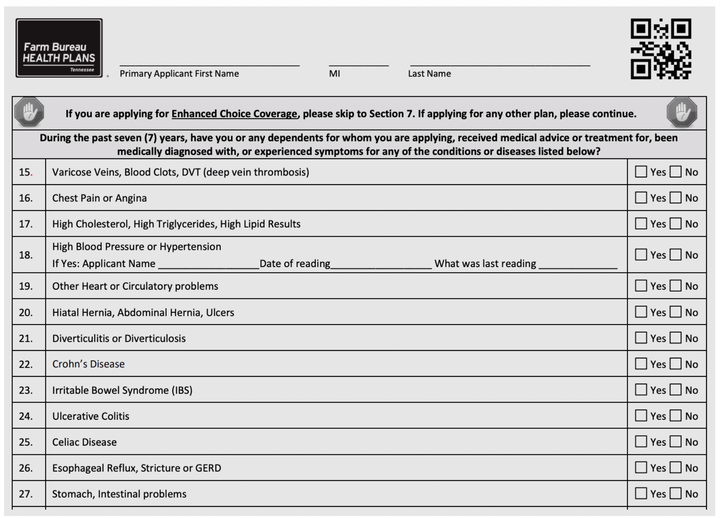 The 13-page application for coverage from the Tennessee Farm Bureau plan, a possible model for Kansas, asks 67 questions about personal health care history, covering the last seven years.