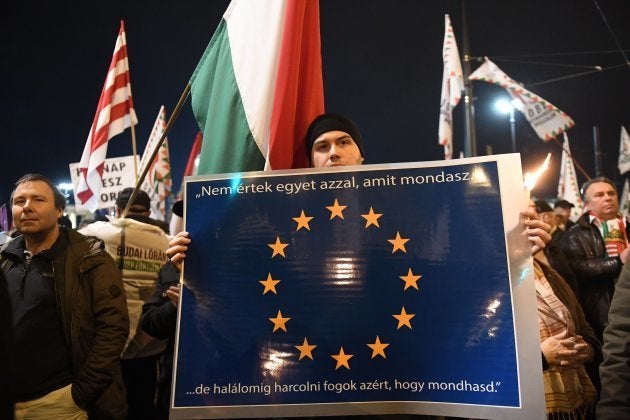 Un simpatizante europeo protesta contra el gobierno del ultraderechista Viktor Orban en Hungría, el pasado