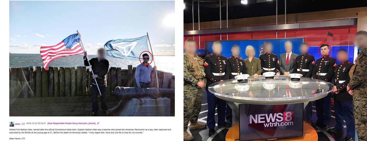 Jason Laguardia posted on the Discord server an image of himself waving an Identity Evropa flag (left). He visited a New Haven, Connecticut, TV station wearing a Marine uniform (right).