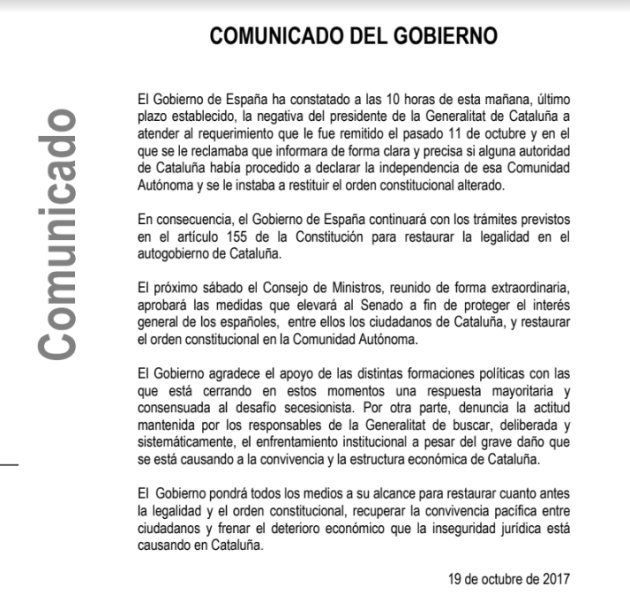 El Gobierno aplicará el 155 tras amenazar Puigdemont con aprobar en el Parlament la
