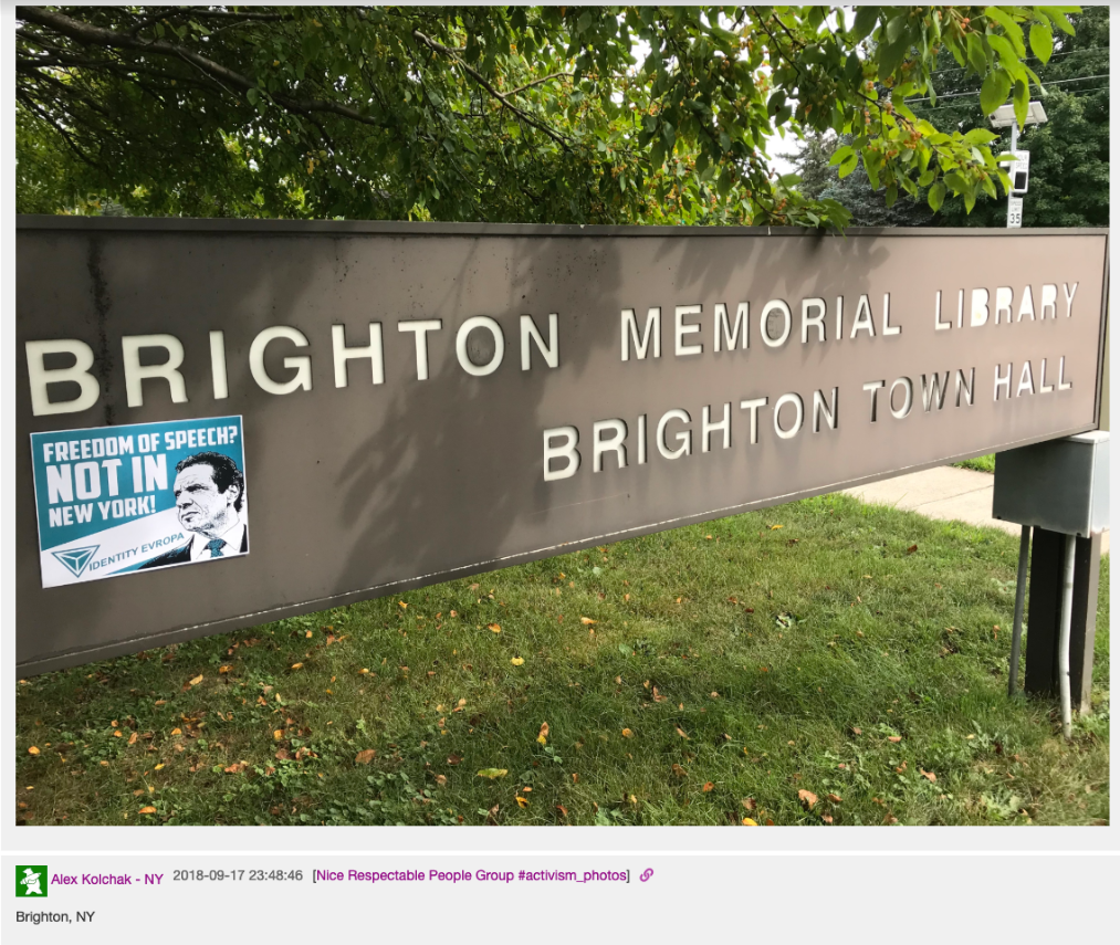 Last fall, Identity Evropa flyers and stickers were posted across Brighton, New York. Police matched fingerprints from the stickers to Christopher Hodgman, an ROTC cadet and a member of the Army Reserve.