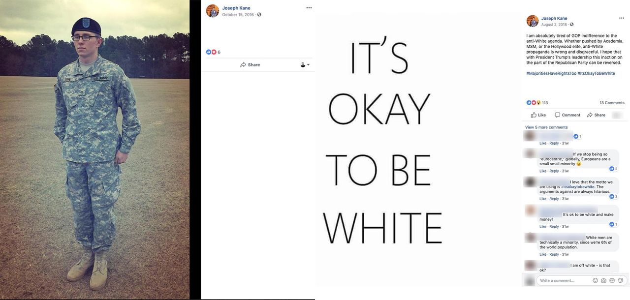 Joseph Kane, a member of the Texas Army National Guard, has shared on Facebook the “It’s okay to be white” meme popular among white supremacists.