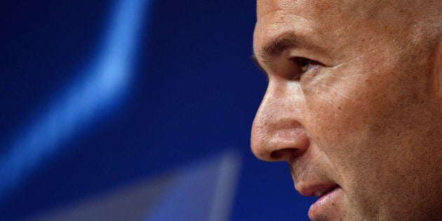 Real Madrid's French headcoach Zinedine Zidane attends the press conference on the eve of the UEFA Champions League quarter-final football match between FC Bayern Munich and Real Madrid in Munich, southern Germany, on April 11, 2017. / AFP PHOTO / Christof STACHE