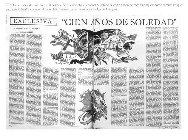 Doble página del diario colombiano 'El Espectador' que dio en primicia el primer capítulo de 'Cien años de soledad', un año antes