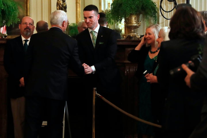 U.S. Vice President Mike Pence shakes the hand of Dr. Matt Barrett, partner of Irish Prime Minister Leo Varadkar, at the Whit