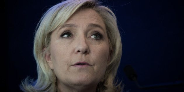 Head of French far-right party Front National (FN) Marine Le Pen delivers a speech marking the launch...