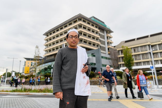 Hamzah Noor Yahaya, a survivor of the shootings at Al Noor mosque, stands in front of Christchurch Hospital...