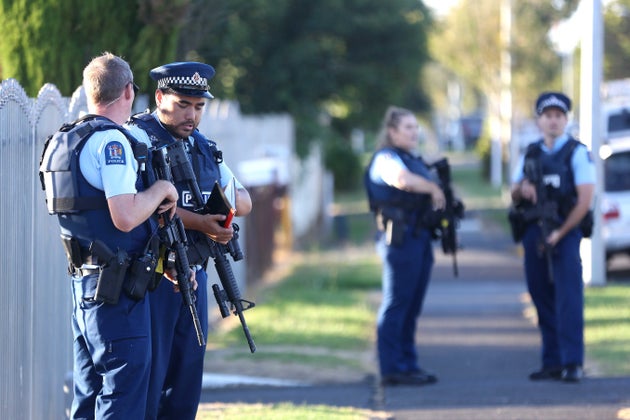 Armed police maintain a presence outside the Masijd Ayesha Mosque in Manurewa on March 15, 2019 in Auckland,...