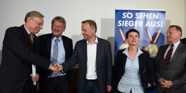 (L to R)Chair of 'Alternative for Germany' (AFD) in Lower Saxony Armin Paul Hampel, co-leader of AFD Joerg Meuthen, top candidate for the AFD in Mecklenburg-Western Vorpommern Leif-Erik Holm, leader of the AFD Frauke Petry and AFD's federal whip Georg Pazderski arrive for a press conference in Berlin, on September 5, 2016 on day after the regional state elections in Mecklenburg-Western Vorpommern. The right-wing populist Alternative for Germany (AfD) party clinched almost 21 percent in its first bid for seats in the regional parliament of Mecklenburg-Western Pomerania. / AFP / ODD ANDERSEN (Photo credit should read ODD ANDERSEN/AFP/Getty Images)