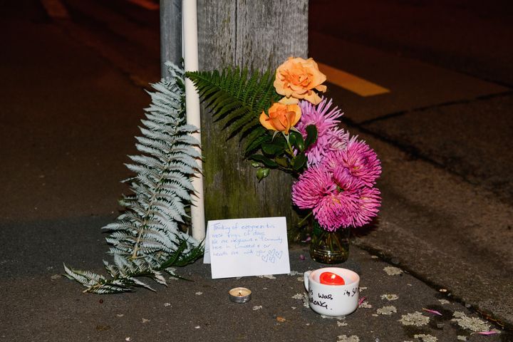 A floral tribute on Linwood Avenue near the Linwood Masjid on March 15, 2019, in Christchurch, New Zealand.