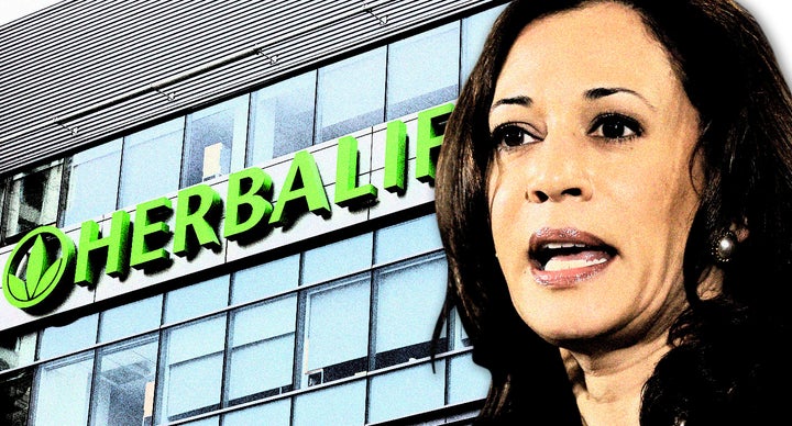 Herbalife's corporate office in Los Angeles and Kamala Harris. (Photo illustration: Yahoo News; photos: Damian Dovarganes/AP, AP)