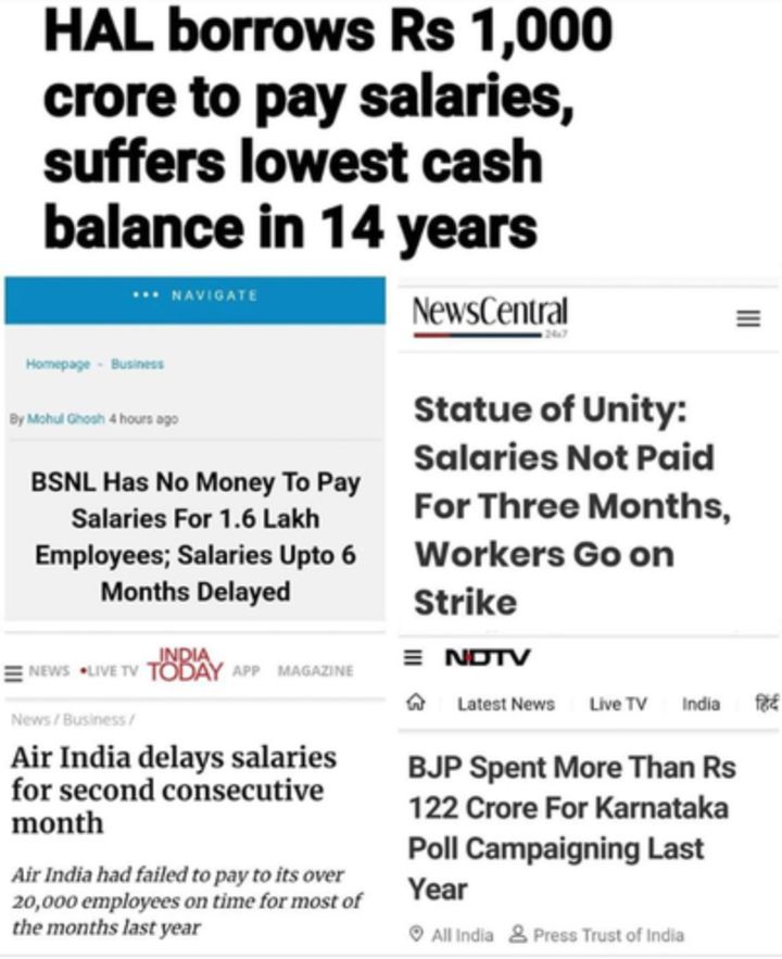 A collage of headlines from various news reports about cash-strapped PSUs defaulting on or delaying their employees’ salaries.