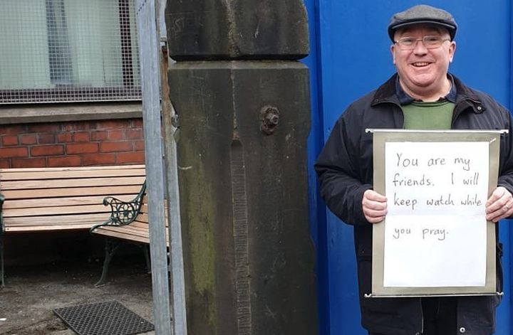 Andrew Graystone stood outside his local mosque in south Manchester on Friday after hearing about the New Zealand attacks.