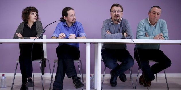 Alexandra Fernández (En Marea), Pablo Iglesias (Podemos), Xavier Domènech (En Comú Podem) y Joan Baldovi (Compromís), en una rueda de prensa en Madrid, en 2016.