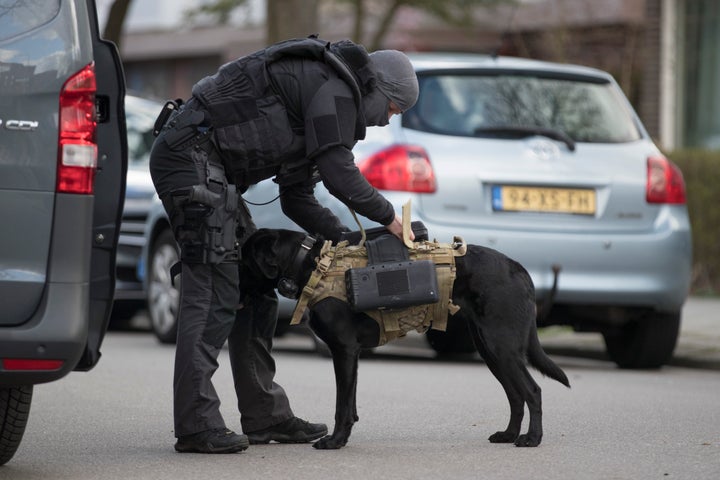 Dutch counter terrorism police install a camera on a sniffer dog as they prepare to enter a house after a shooting incident in Utrecht, Netherlands, on Monday.