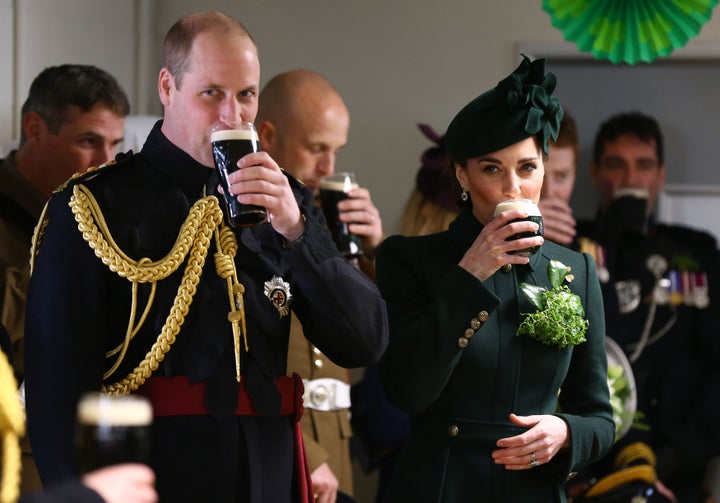 Wiliam, Duke of Cambridge and Catherine, Duchess of Cambridge meets with Irish Guards after attending the St Patrick's Day parade at Cavalry Barracks in Hounslow, where they presented shamrock to officers and guardsmen of 1st Battalion the Irish Guards on March 17, 2019 in Hounslow, England. 