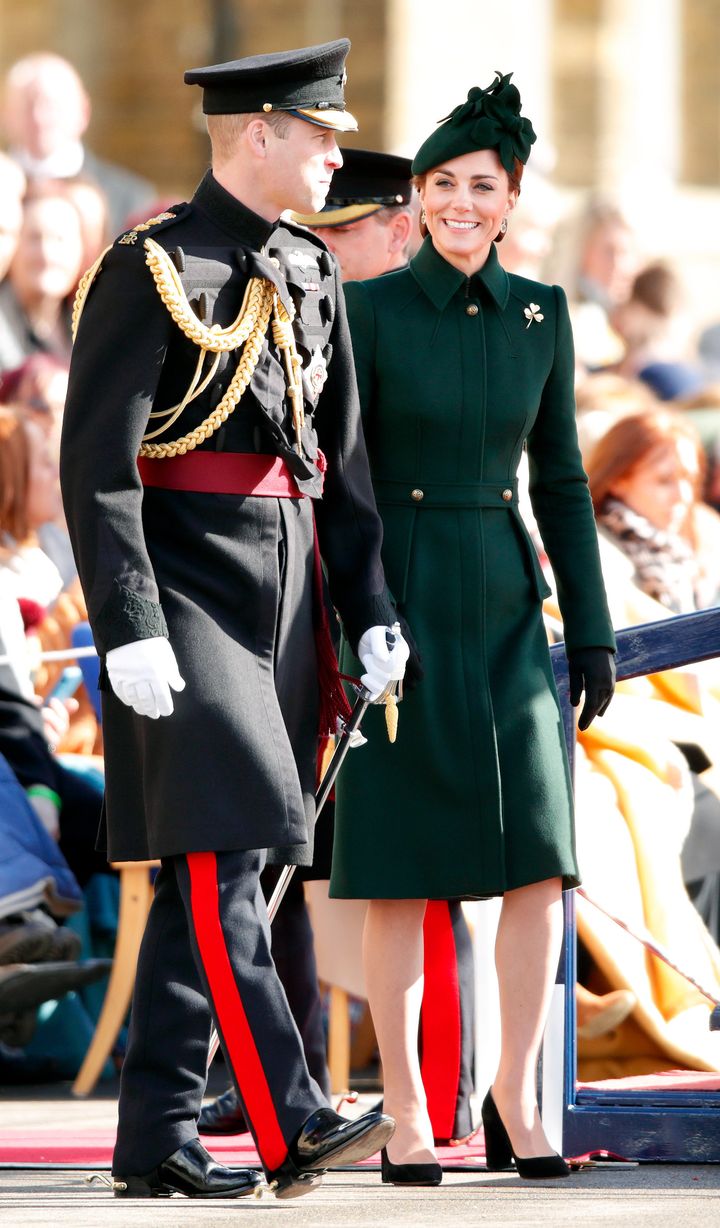 Catherine, Duchess of Cambridge and Prince William, Duke of Cambridge (Colonel of the Irish Guards) attend the 1st Battalion Irish Guards St Patrick's Day Parade at Cavalry Barracks on March 17 in Hounslow, England.