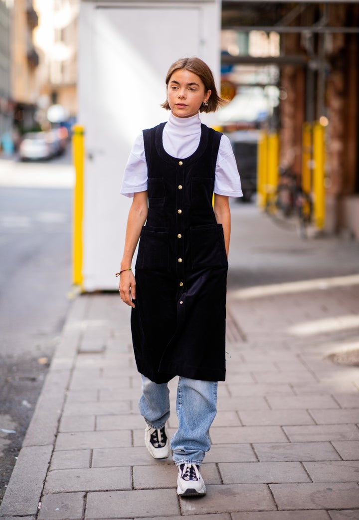 Black plaid dungaree dress, Street Style Store