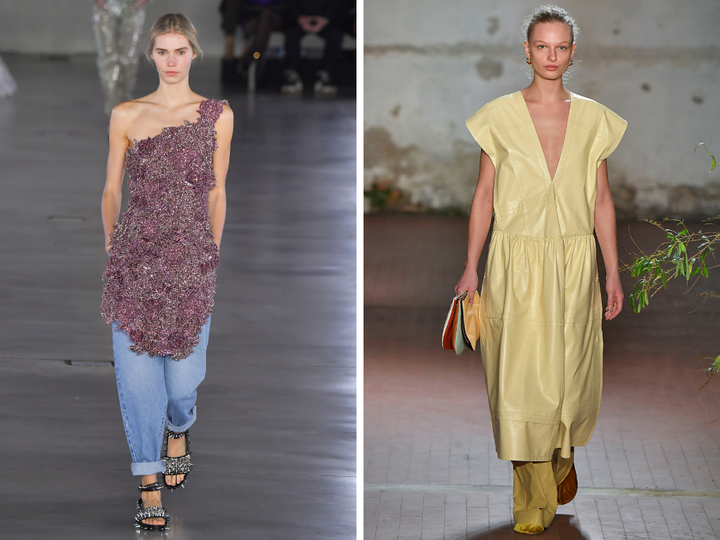 Models wear dresses over pants on the fall 2019 runways for Balmain (left) and Jil Sander (right). 