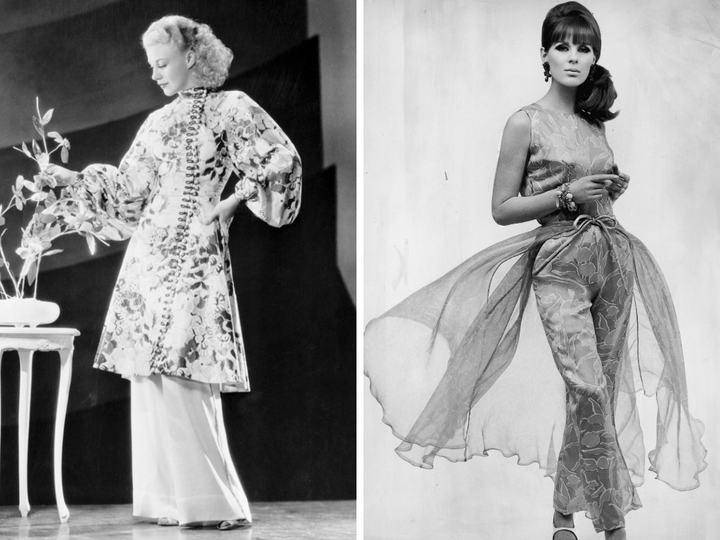 Left: Ginger Rogers wears hostess pajamas in the 1950s. Right: A model wears silk evening pajamas, circa 1965.