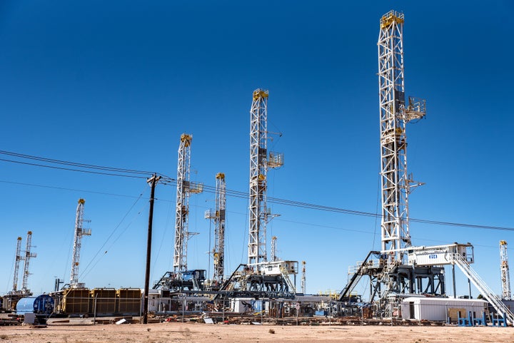 Oil rigs in the Permian Basin area of Odessa, Texas. Exxon Mobil plans to double its production in the Permian Basin to 1 million barrels per day over the next five years.