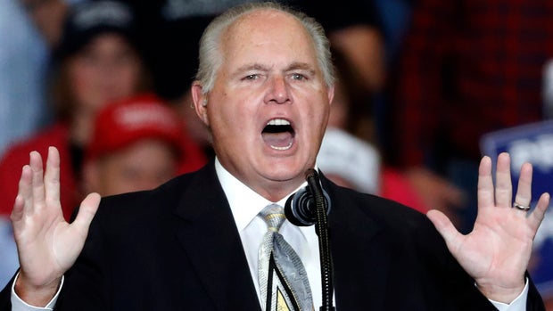 Radio personality Rush Limbaugh introduces President Donald Trump at the start of a campaign rally Monday, Nov. 5, 2018, in Cape Girardeau, Mo. (AP Photo/Jeff Roberson)