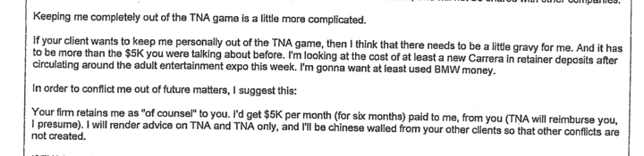 An email from far-right attorney Marc Randazza seeking a payoff from a porn company. View the full document here.