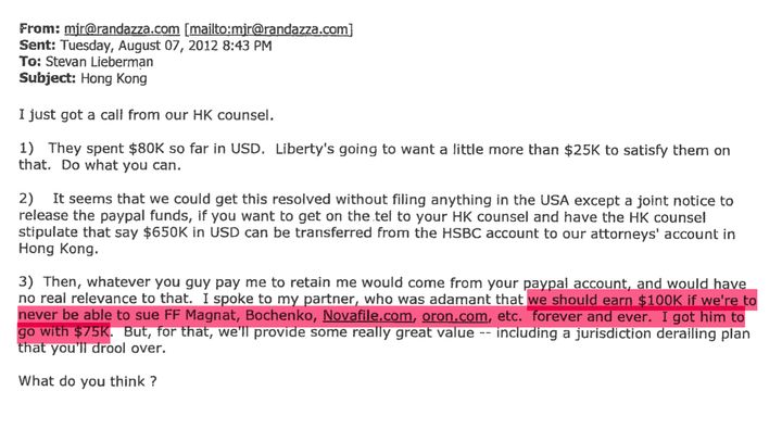 In 2012, Randazza sent an email to Oron's lawyer soliciting a payoff. View the full document here.