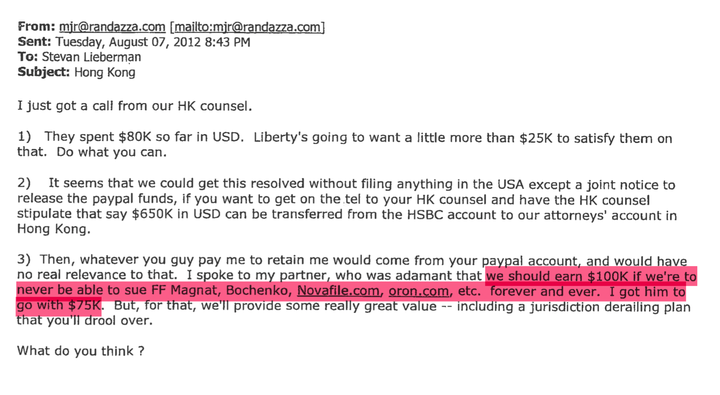 In 2012, Randazza sent an email to Oron's lawyer soliciting a payoff. View the full document here.