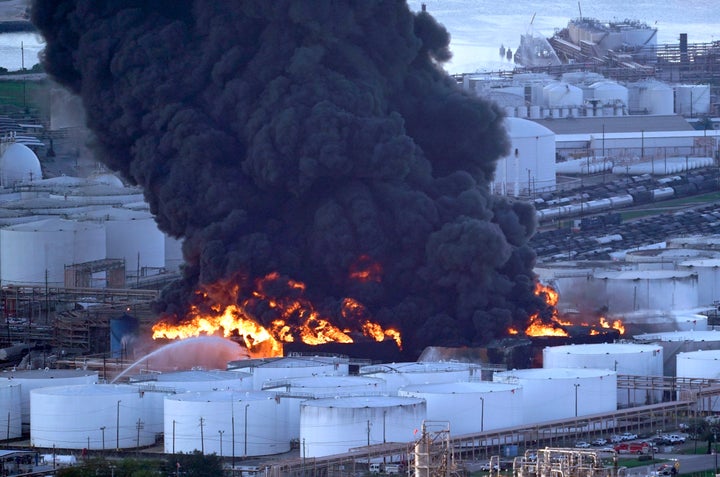 Firefighters battle a petrochemical fire at the Intercontinental Terminals Company on March 18, 2019, in Deer Park, Texas.