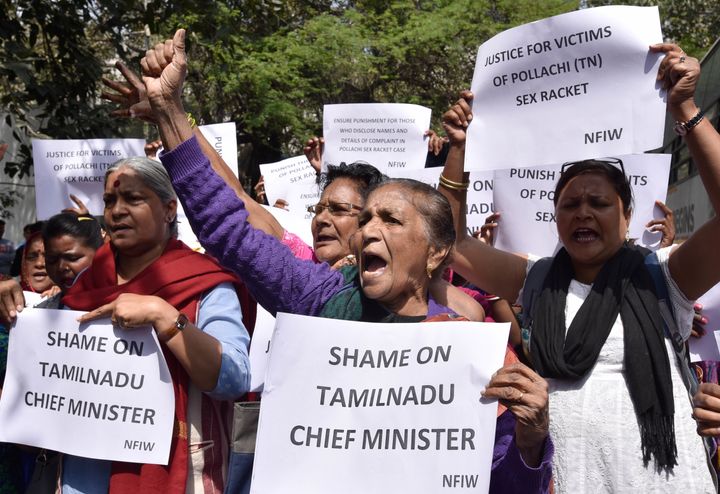 National Federation of Indian Women members stage a protest against the Pollachi case, at Tamil Nadu House, Chanakyapuri, on March 16, 2019 in New Delhi.