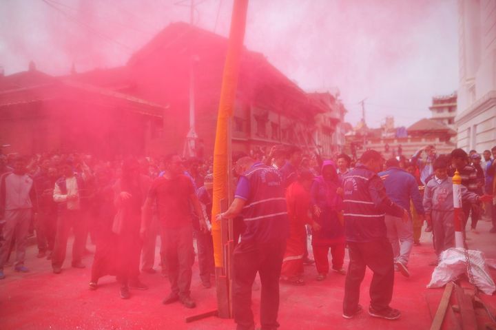 People celebrate Holi in Kathmandu. 