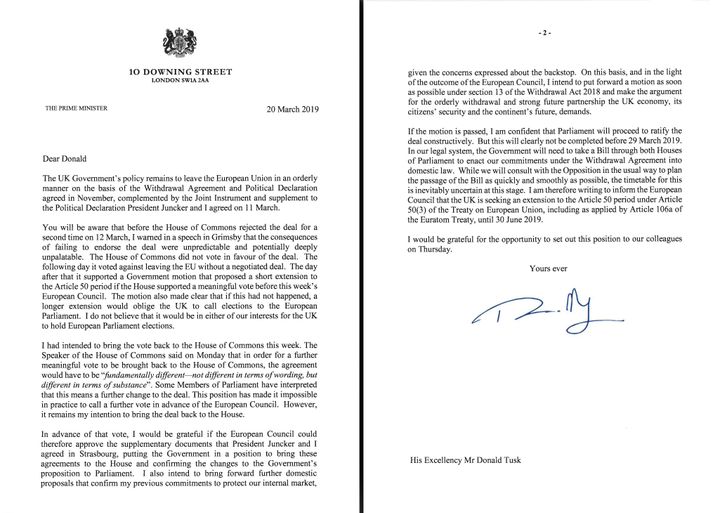 Theresa May's letter to the EU's Donald Tusk.