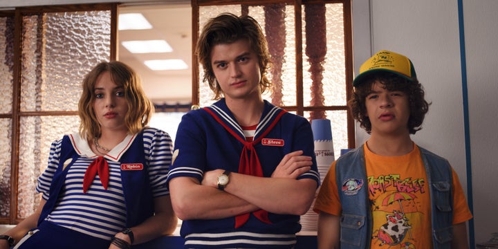 New cast member Maya Hawke with returning cast Joe Keery and Gaten Matarazzo.