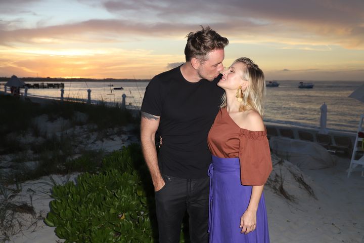 Dax Shepard and Kristen Bell pose on a family vacation at Beaches Turks & Caicos Resort Villages & Spa in 2018.