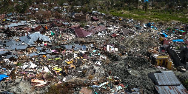 Vue aérienne prise le 7 octobre des alentours de Palu, localité de l'île des Célèbes touchée par le séisme...