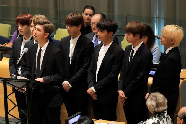Les chanteurs du groupe BTS aux Nations unies, à New York, le 24