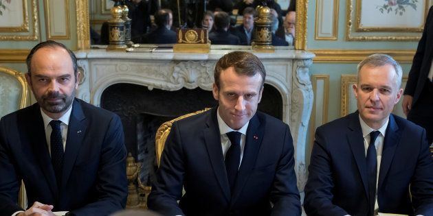 Edouard Philippe, Emmanuel Macron et François de Rugy à l'Élysée le 27