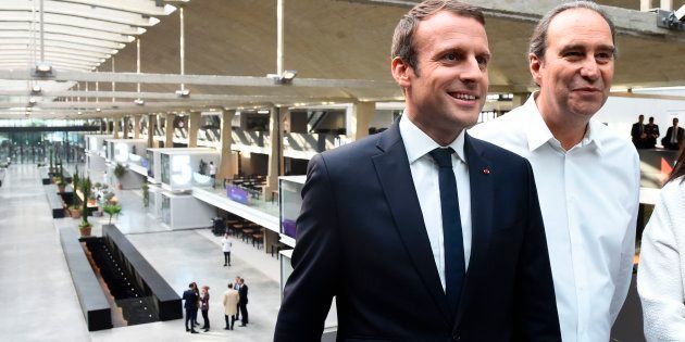 Le Président Emmanuel Macron et Xavier Niel lors de l'inauguration du campus de start-up Station F le...
