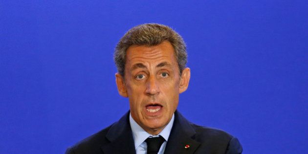 Nicolas Sarkozy, head of France's Les Republicains political party and former French president, makes...