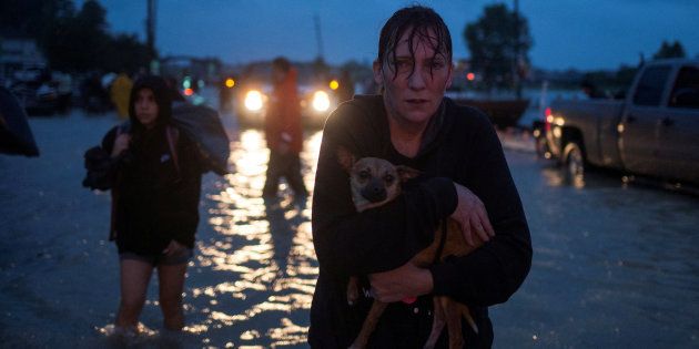 Une femme porte son chien après l'évacuation de sa maison à cause du passage de la tempête Harvey à Houston,...