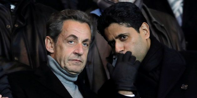 Nicolas Sarkozy au Parc des Princes le 11 décembre 2016 en compagnie de Nasser Al-Khelaifi, président...