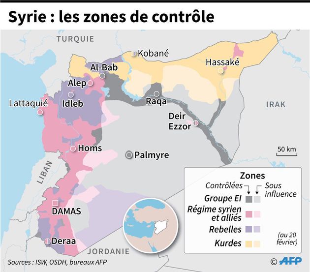 Les zones contrôlées par les belligérants en Syrie, au 20 février