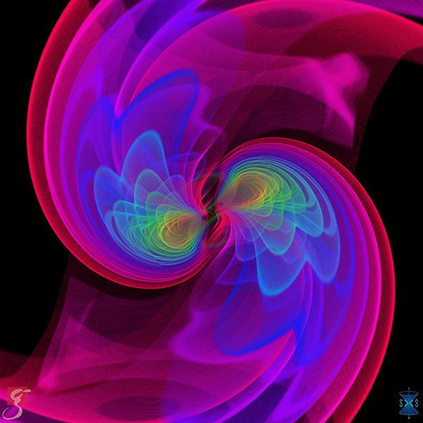 Vue d'artiste de deux trous noirs qui émettent des ondes gravitationnelles en tournant l'un autour de